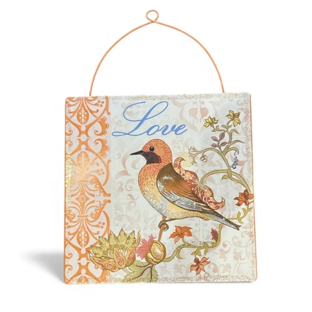 Ashland Decorative Orange Multi Square Tin Love & Bird Themed Wall Hanging NWT